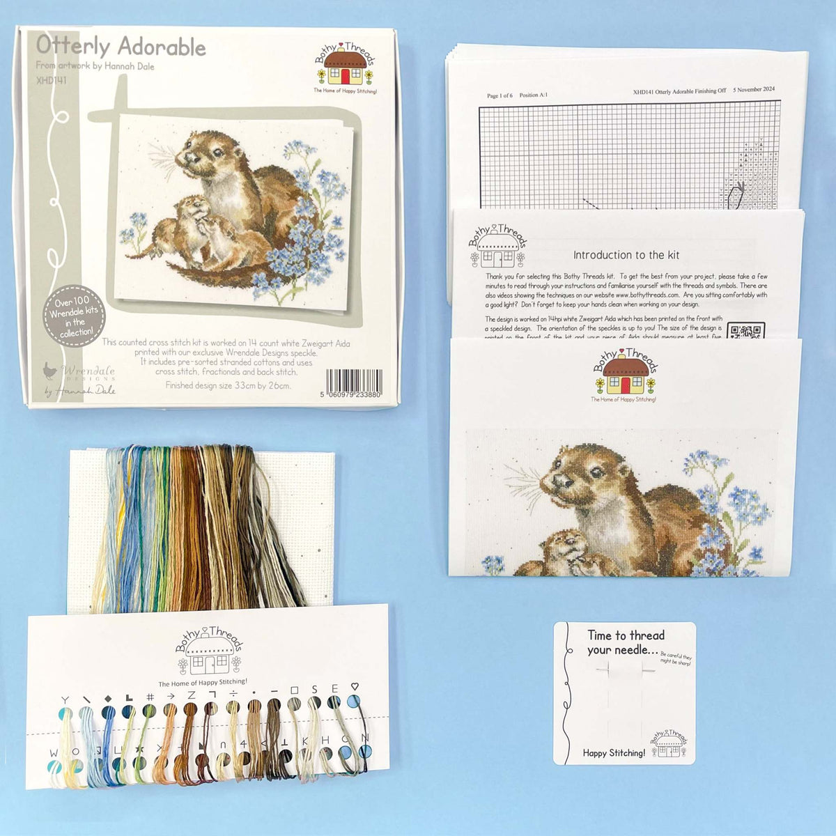 Bothy Threads Otterly Adorable Cross Stitch Kit featuring otter design on 14 count Zweigart Aida with Wrendale speckle