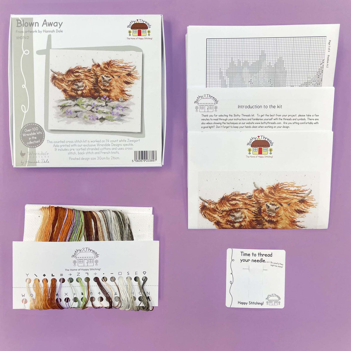 Blown Away Cross Stitch Kit by Bothy Threads with Wrendale Designs Aida fabric and full stitch instructions