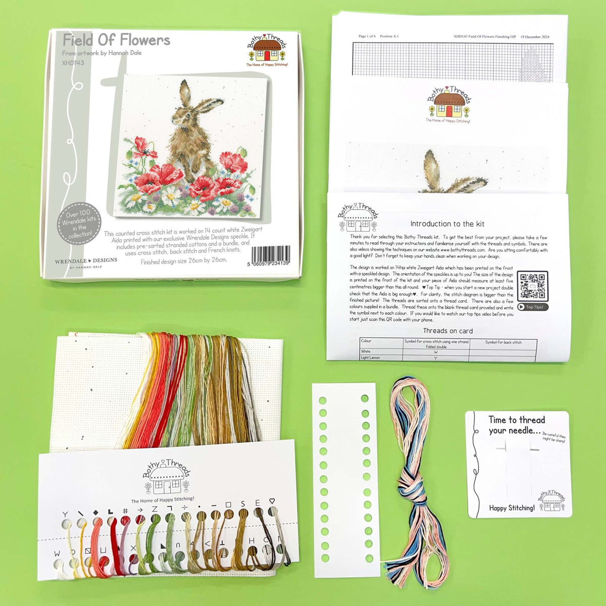 Bothy Threads Field of Flowers cross stitch kit with fabric, cottons, needle, and instructions
