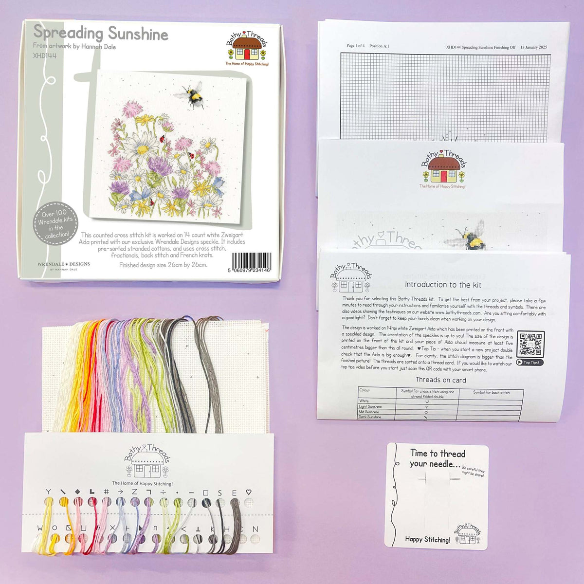 Spreading Sunshine Cross Stitch Kit by Bothy Threads with fabric, cottons, needle, and instructions