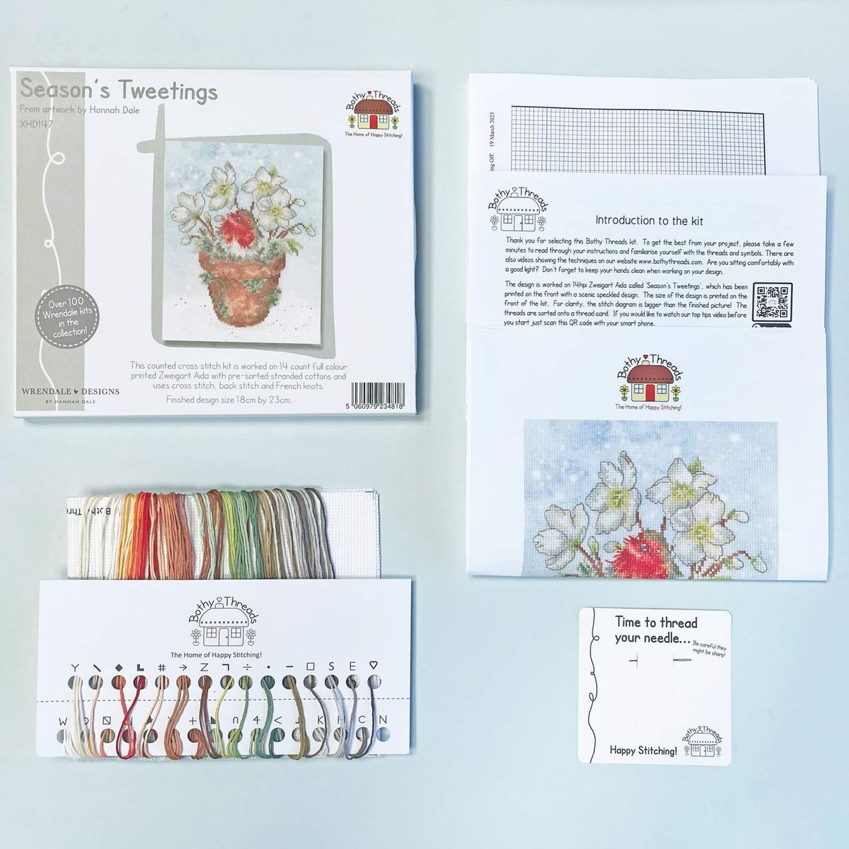 Season's Tweetings Cross Stitch Kit with 14 count Aida, cotton threads, needle, and instructions for festive design