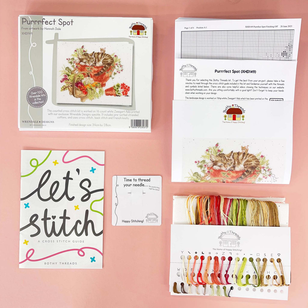 Purrrfect Spot Cross Stitch Kit with cat design on 16 count white Aida fabric and included stitching materials