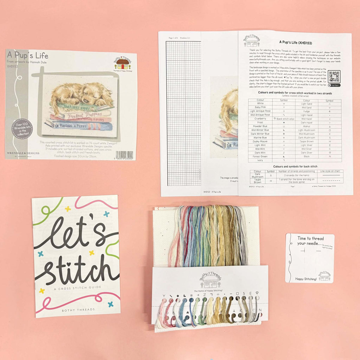 A Pup's Life Cross Stitch Kit with Zweigart fabric, stranded cottons, needle, and instructions for cross stitch and French knots