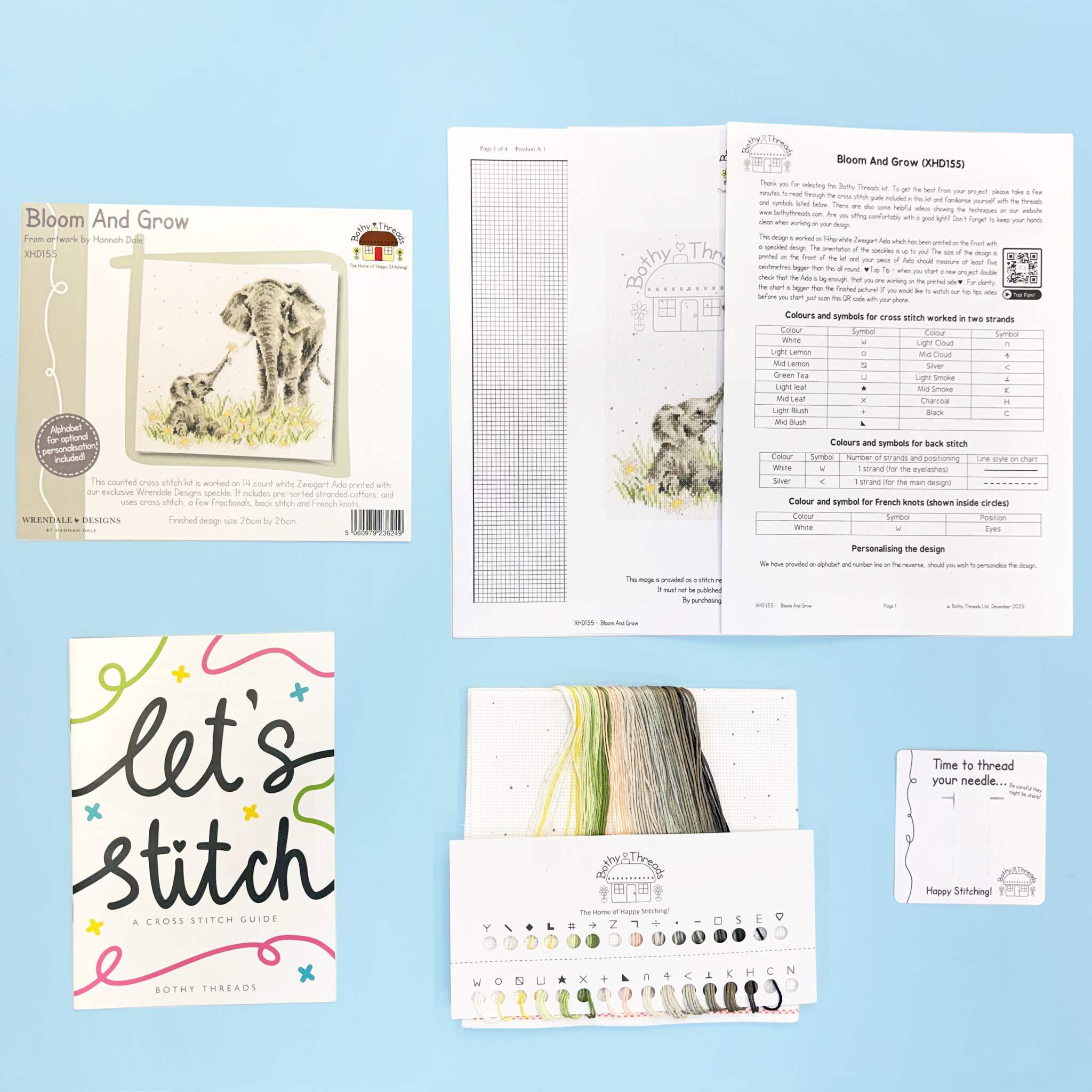 Bloom And Grow Cross Stitch Kit with Zweigart fabric, cotton threads, needle, and instructions for a 26cm square project