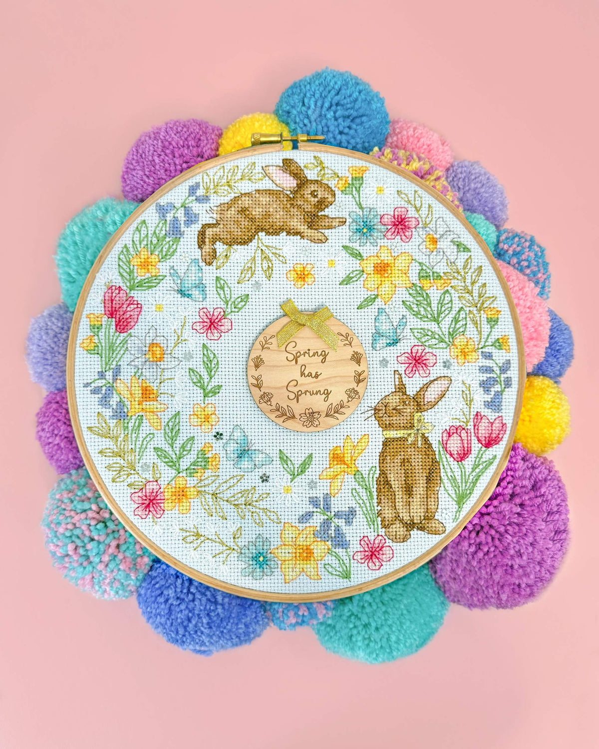 Spring Wreath Cross Stitch Kit with 14 count ice blue Aida, gold thread, sequins, and wooden Christmas disc