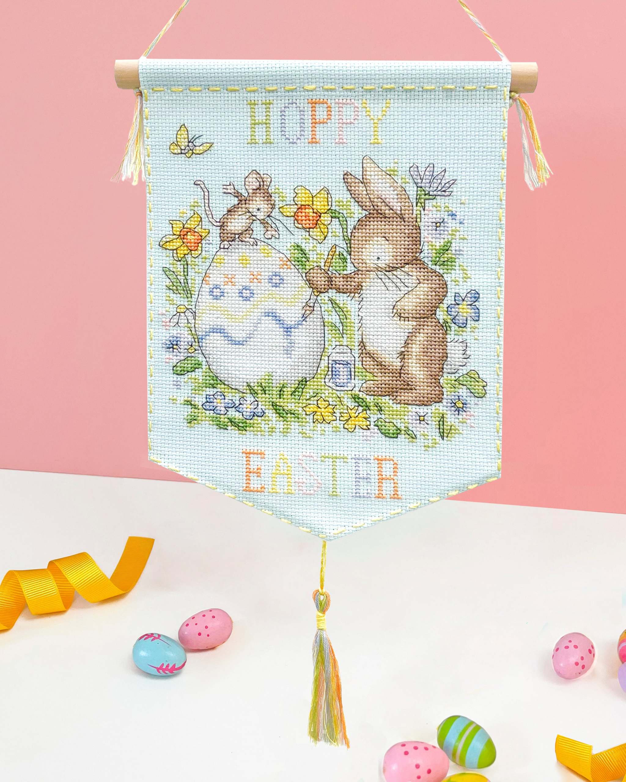 Hoppy Easter Cross Stitch Kit with ice blue Aida fabric and wooden dowel
