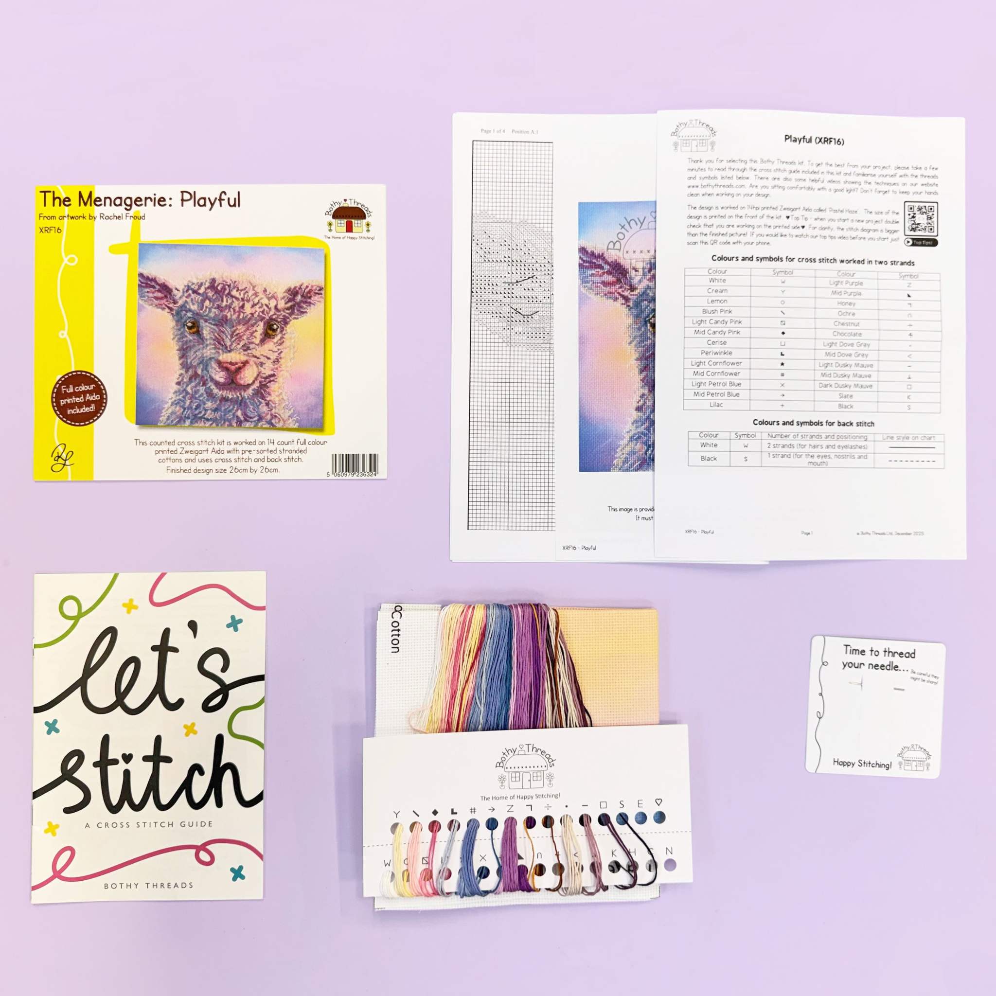 Playful Lamb Cross Stitch Kit with 14 count Aida fabric and needle included