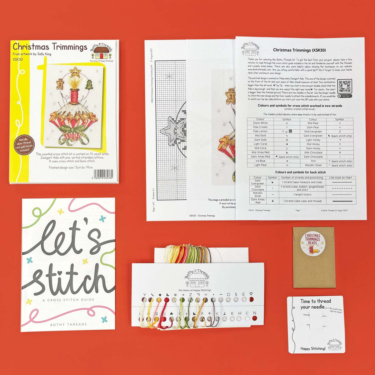 Christmas Trimmings Cross Stitch Kit with 14 count antique white Aida fabric and gold beads