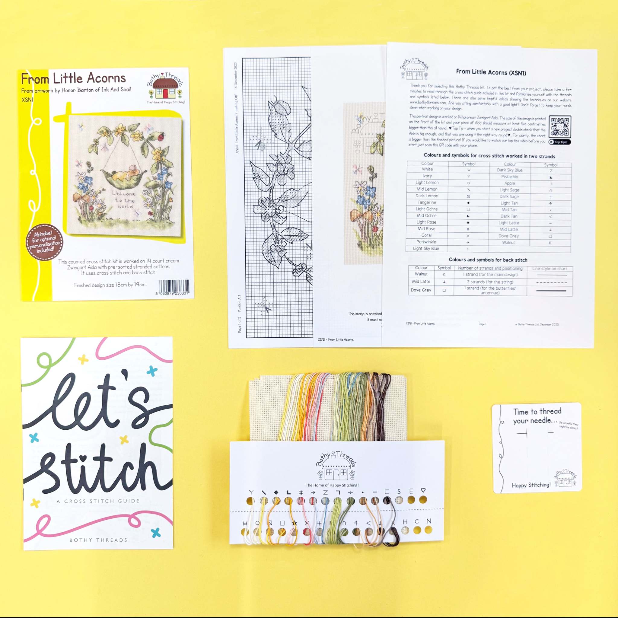 Little Acorns Cross Stitch Kit with 14 count cream Aida, cotton threads, needle, and alphabet pattern