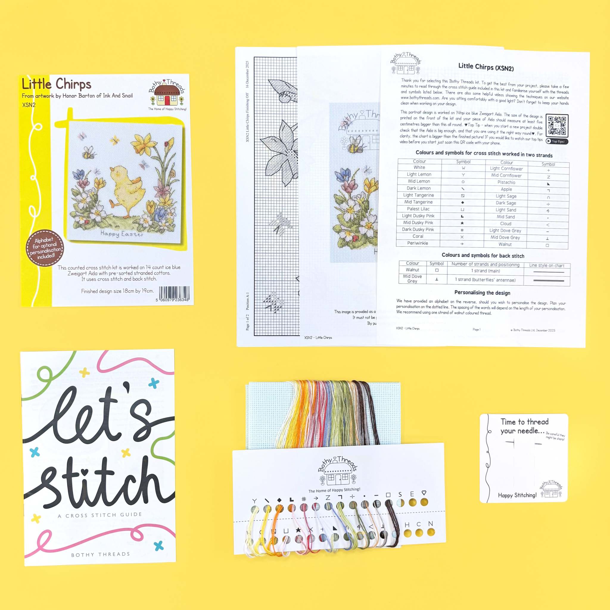 Little Chirps Cross Stitch Kit with 14 count Aida fabric and pre-sorted cottons