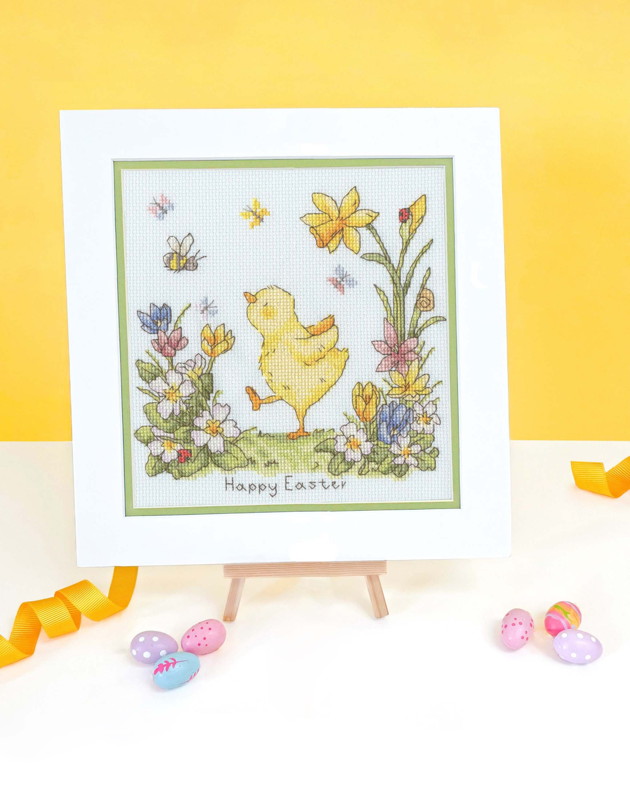 Little Chirps Cross Stitch Kit with ice blue Aida fabric, cotton threads, needle, and instructions for 18x19cm design