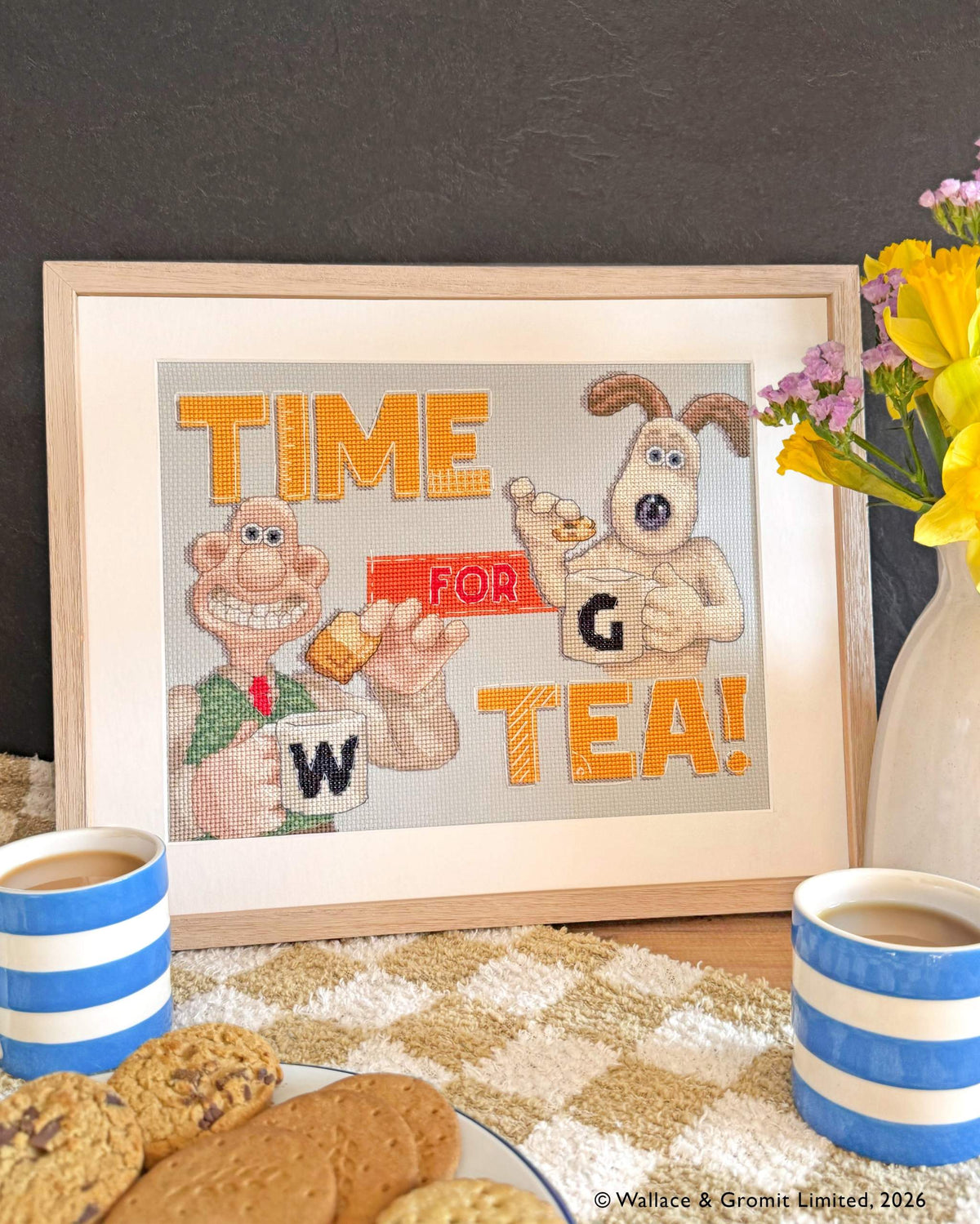 Wallace and Gromit Time For Tea! cross stitch kit with 14 count fabric and pre-sorted threads