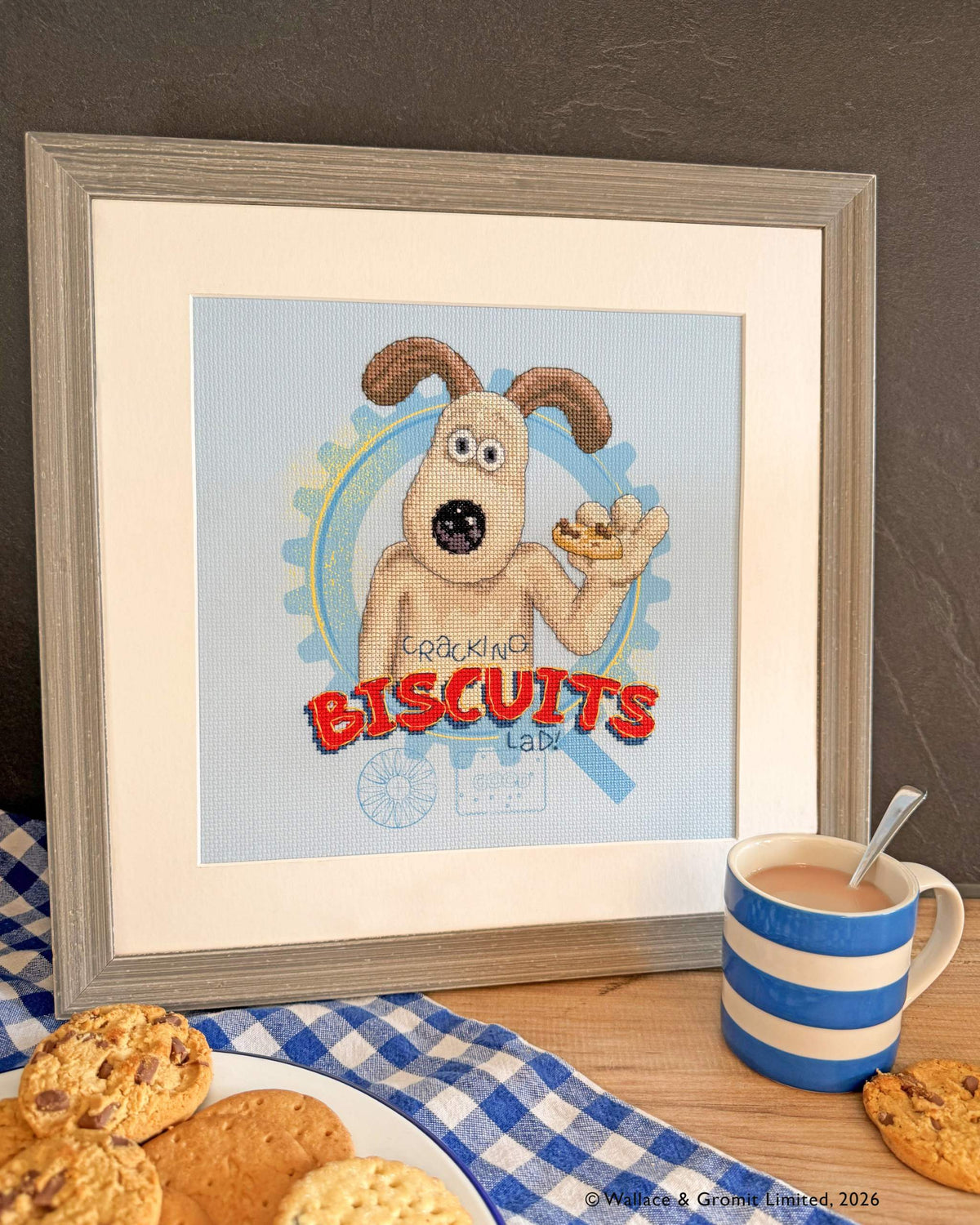 Cracking Biscuits! Wallace & Gromit cross stitch kit 14 count full color printed Aida with needle and instructions