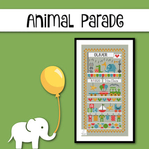 Animal Parade Birth Sampler Cross Stitch Kit