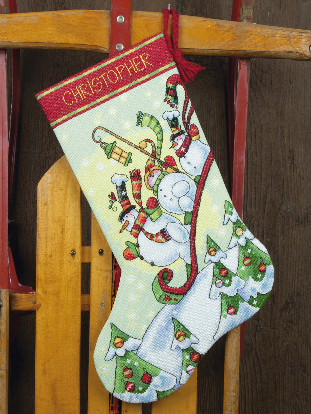 Sledding Snowman - Stocking Cross Stitch Kit
