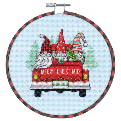 Red Truck Gnomes Cross Stitch Kit with Hoop