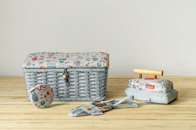 Woven Basket, Iron Pin Cushion, Tape Measure and Scissors in Case - Stitch In Time - Matching Set