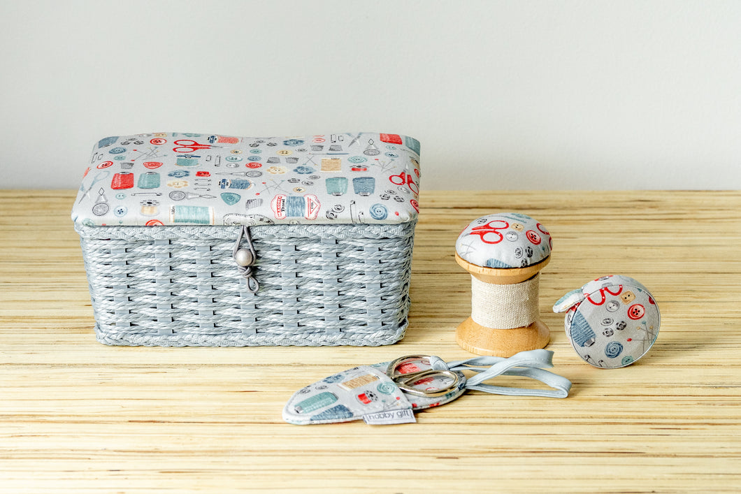 Woven Basket, Pin Cushion, Tape Measure and Scissors in Case - Stitch In Time - Matching Set