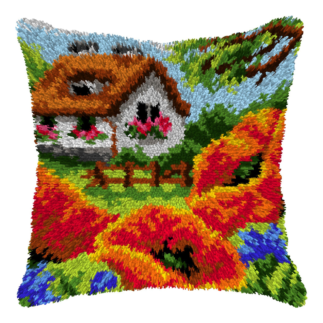 Cottage and Poppies - Latch Hook Cushion Kit