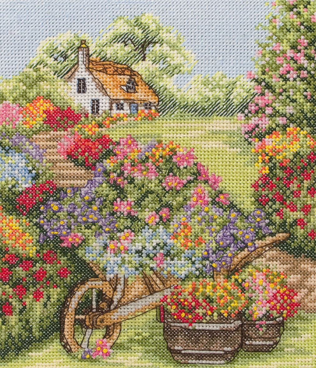 Floral Wheelbarrow Cross Stitch Kit