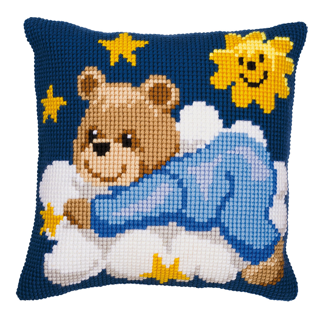 Blue Teddy Cross Stitch Cushion Front Kit
