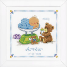 Load image into Gallery viewer, Baby &amp; Bear Birth Record Cross Stitch Kit