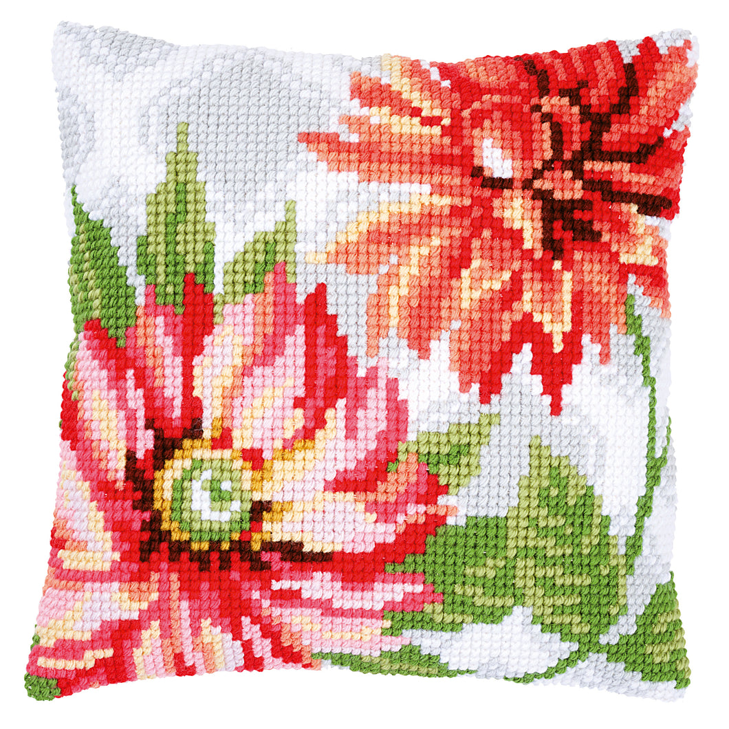 Pink Flowers Cross Stitch Cushion Front Kit