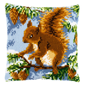 Squirrel in a Pine Tree Cross Stitch Cushion Front Kit