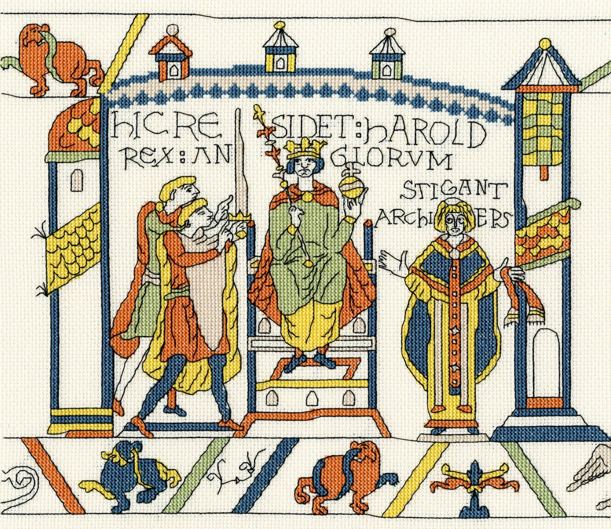 Bayeux Tapestry counted cross stitch kit showing The Coronation scene with crowned figure and attendants on cream Aida fabric