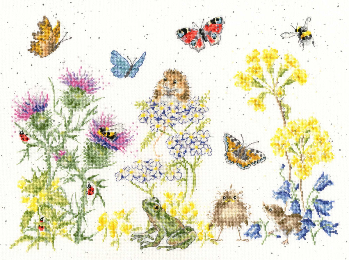 Wildflower Memories Cross Stitch Kit featuring detailed flowers, butterflies, frog, bird, and a mouse embroidery on 16 count aida fabric