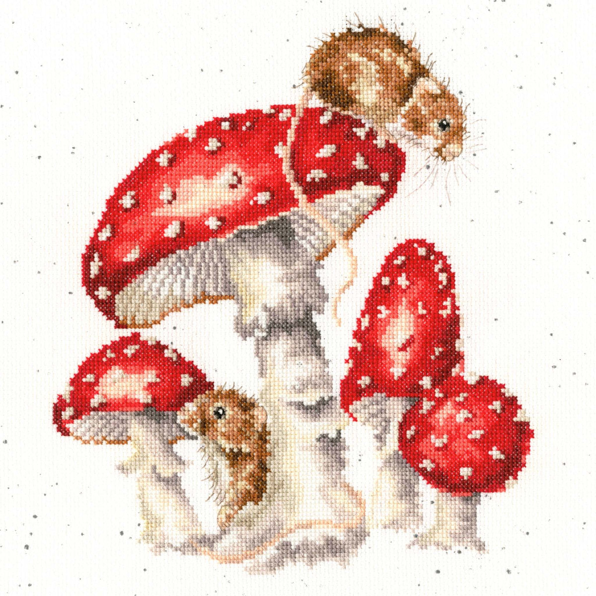 The Fairy Ring Cross Stitch Kit featuring mice on red mushrooms with white speckles in 14 count Zweigart aida.