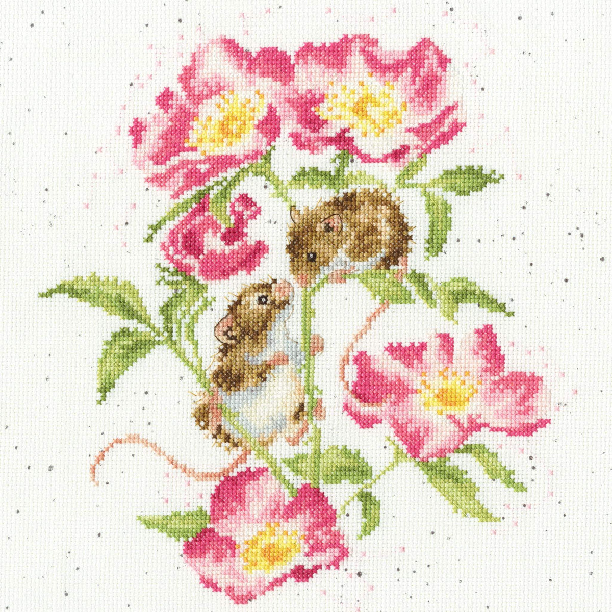Little Whispers Cross Stitch Kit featuring two mice among pink flowers on 14 count aida fabric