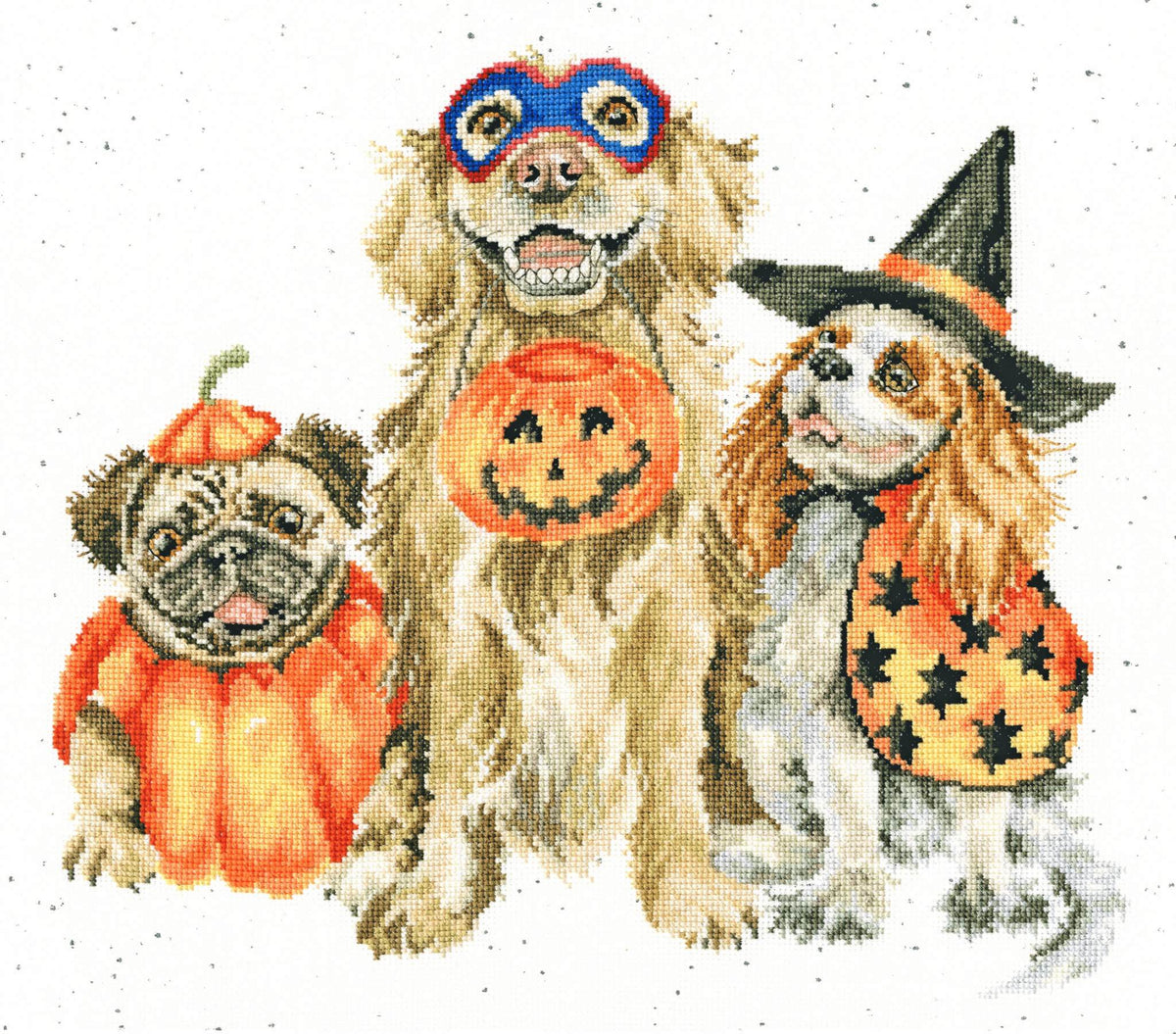 Halloween-themed cross stitch kit featuring three dogs in festive costumes including pumpkin, mask, and witch hat designs