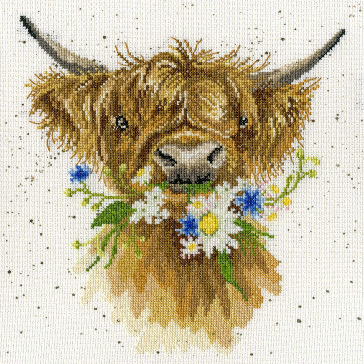 Daisy Coo Cross Stitch Kit featuring a highland cow eating daisies on 14 count printed Aida fabric by Bothy Threads