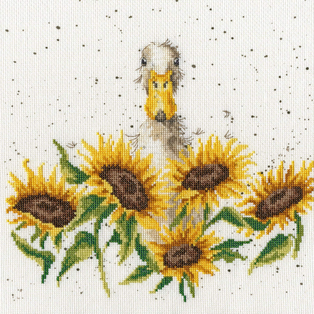 Cross stitch design of a duck peeking over sunflowers from the Sunshine Cross Stitch Kit by Bothy Threads