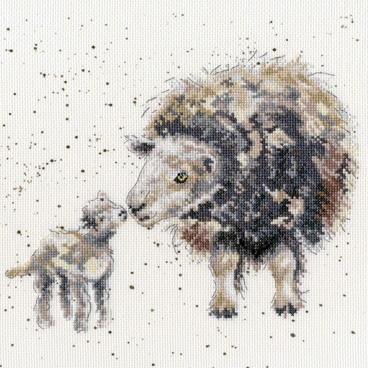 Ewe and Me Cross Stitch Kit showing mother sheep and lamb stitched on speckled 14 count Aida fabric