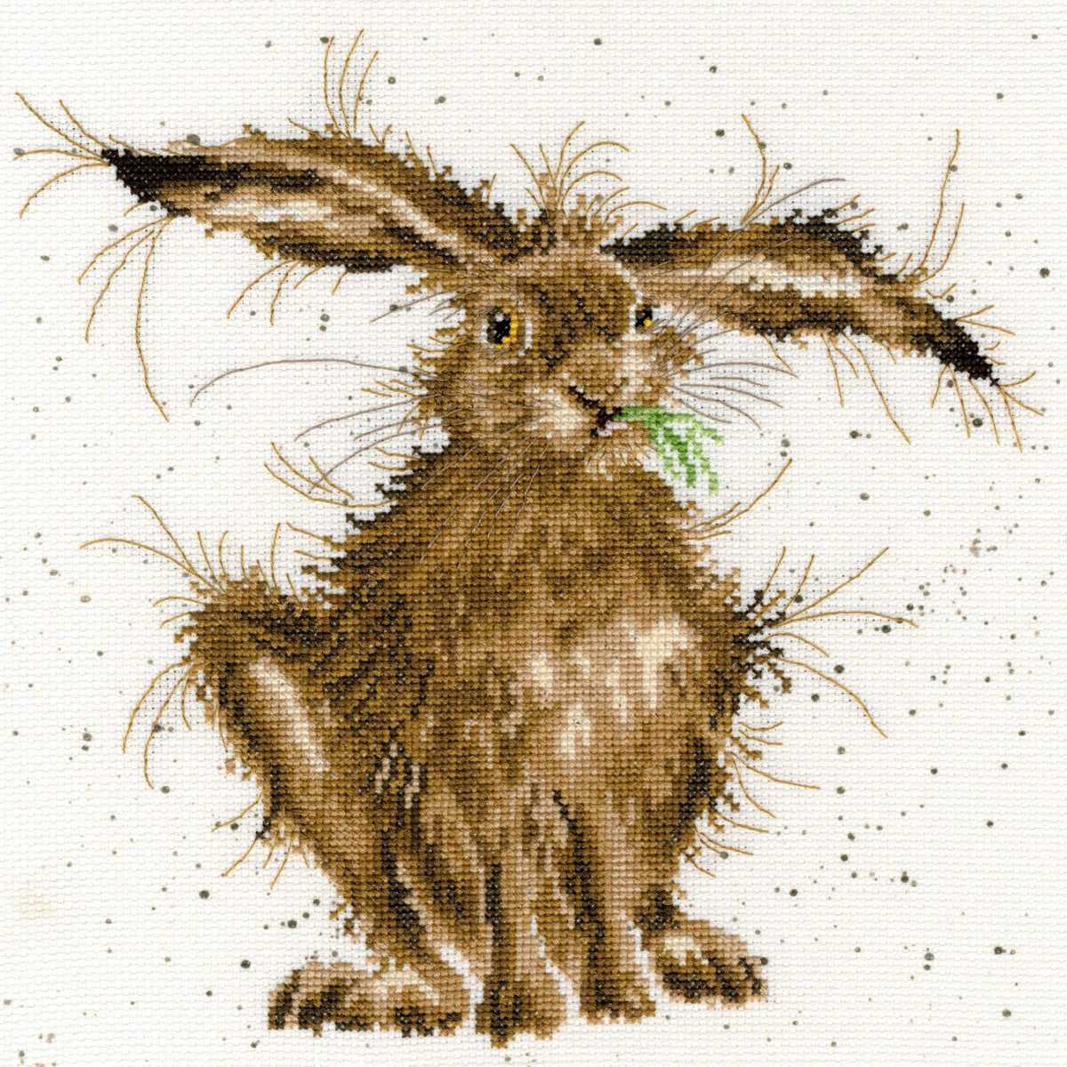 Cross stitch kit featuring a detailed hare design with speckled background by Bothy Threads