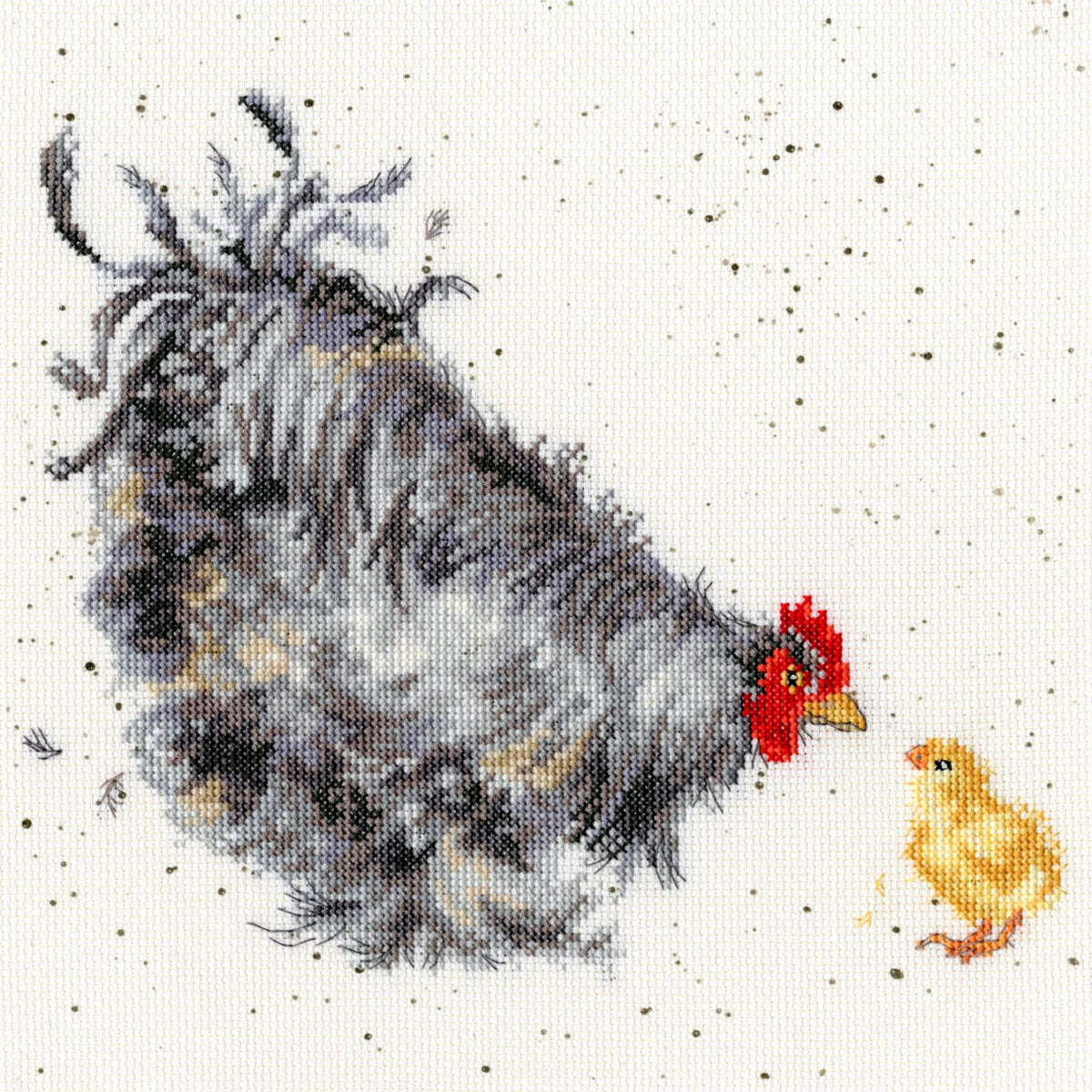 Mother hen and chick counted cross stitch design on speckled Aida fabric from Mother Hen Cross Stitch Kit