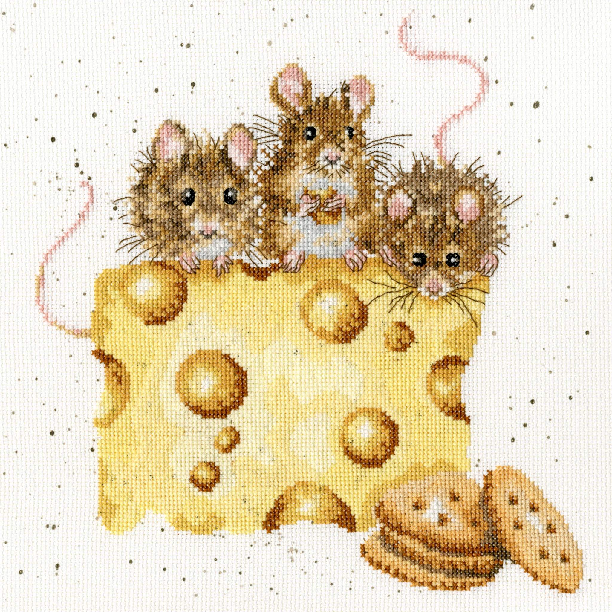 Cross stitch kit featuring three mice on a block of cheese with crackers, detailed with full and fractional stitches by Bothy Threads