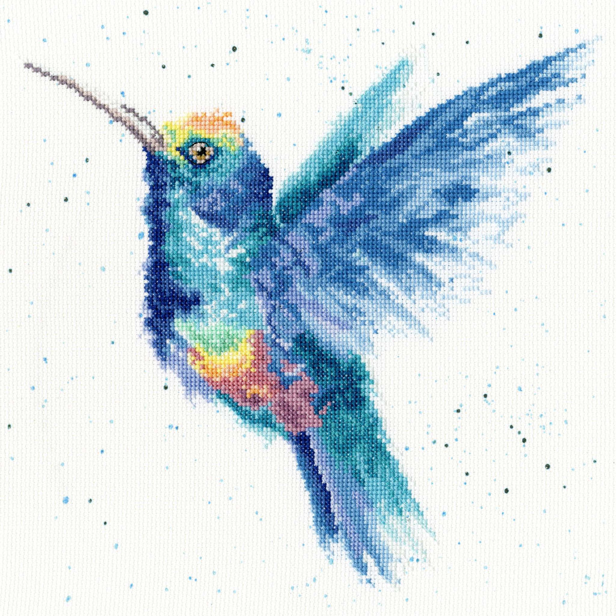 Colorful hummingbird cross stitch design from Bothy Threads Rainbow Cross Stitch Kit by Hannah Dale
