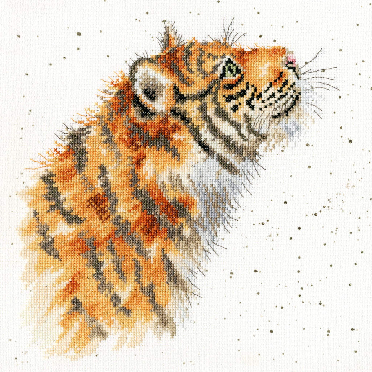 Moongazer Cross Stitch Kit tiger looking up detailed embroidery with speckled background