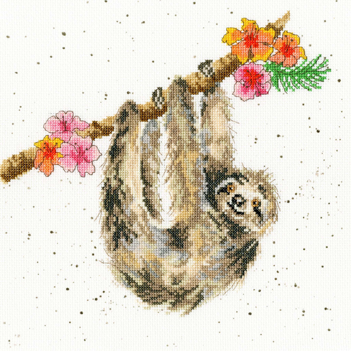 Hanging Around Cross Stitch Kit featuring a sloth on a floral branch designed by Hannah Dale