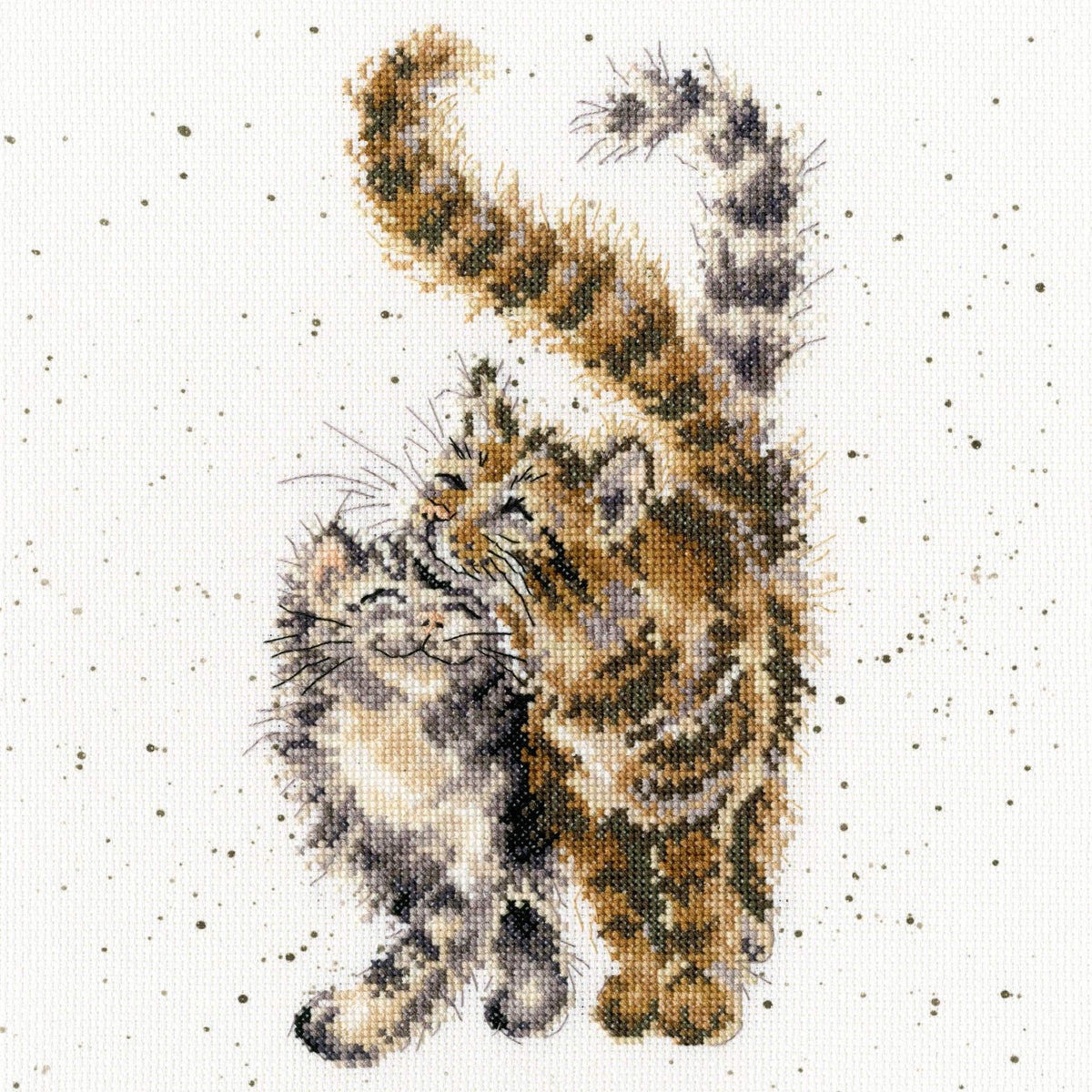 Feline Good Cross Stitch Kit featuring two affectionate cats on speckled 14 count Aida fabric by Bothy Threads