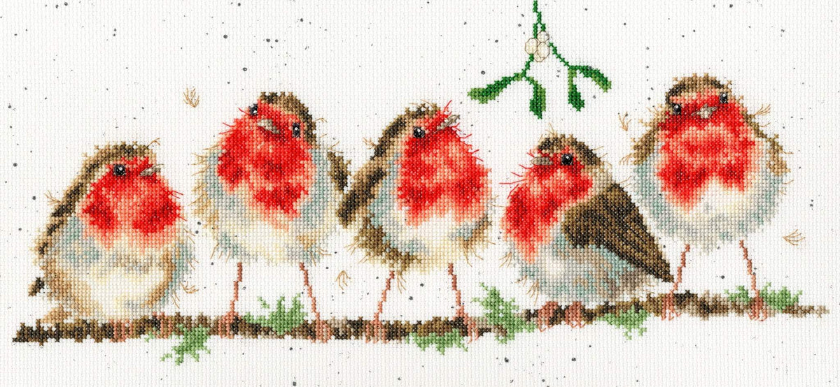 Rockin' Robins Cross Stitch Kit featuring five cross-stitched robins on a branch with mistletoe above on speckled 14 count Aida fabric