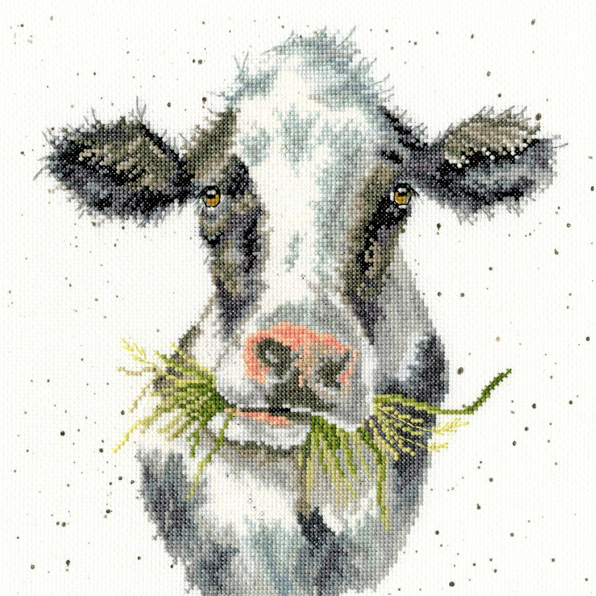 Milk Maid Cross Stitch Kit featuring Friesian cow eating grass detailed embroidery design