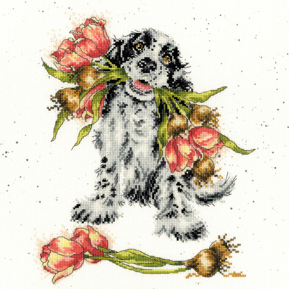 Cross stitch kit featuring a black and white dog holding tulips in its mouth on speckled Aida fabric by Bothy Threads