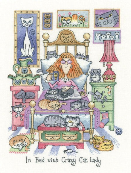 In Bed With Crazy Cat Lady Cross Stitch Kit