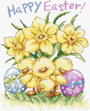 Three Little Chicks with Daffodils and Eggs Cross Stitch Kit