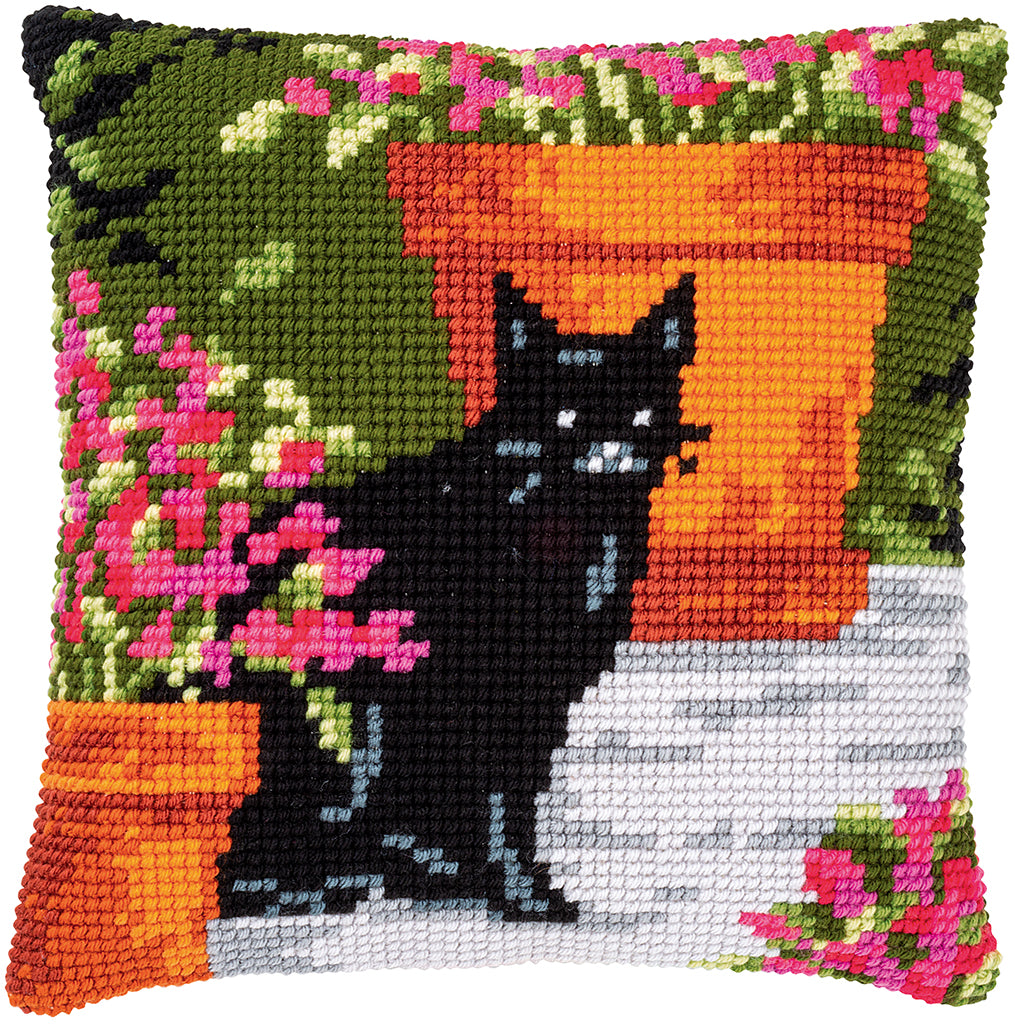 Cat Between Flowers I Cross Stitch Cushion Front Kit